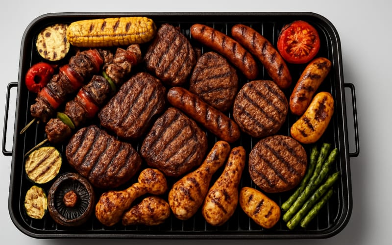 A grill overloaded with various meats and vegetables, leaving no space between them.