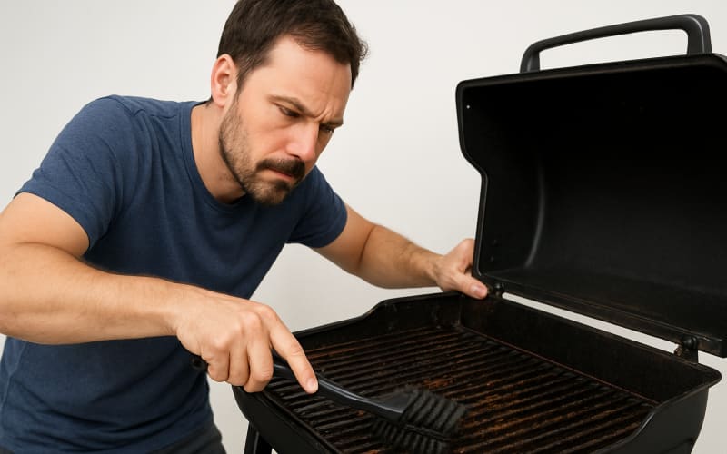 A man cleaning a barbecue grill with a wire brush, with visible grime and residue on a grill grate.