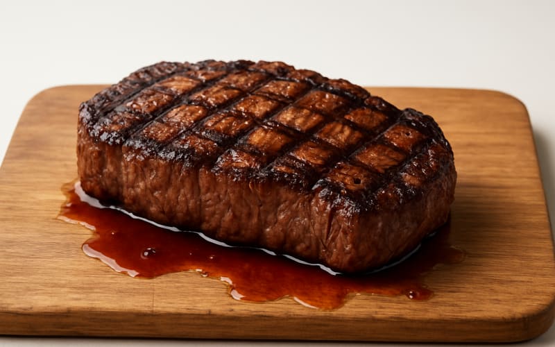 A perfectly grilled steak resting on a wooden cutting board with juices pooling around it.
