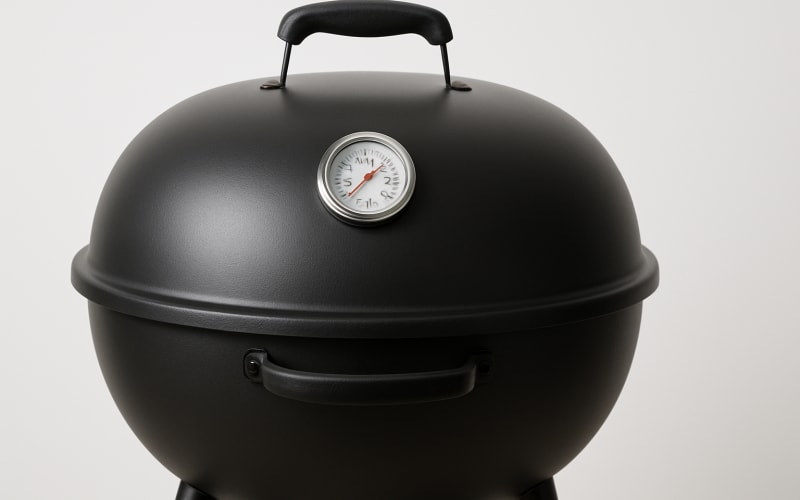 A grill with a closed lid, thermometer showing optimal preheat temperature.