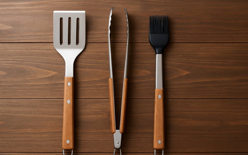 A set of grilling tools including a spatula, tongs, and basting brush laid out on a wooden table.