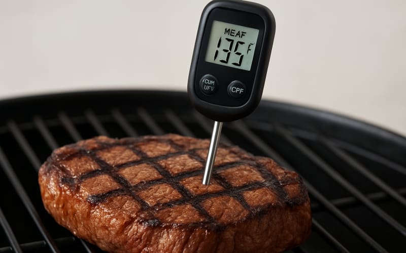 A close-up image of a digital meat thermometer inserted into a steak on a grill, with grill marks visible.