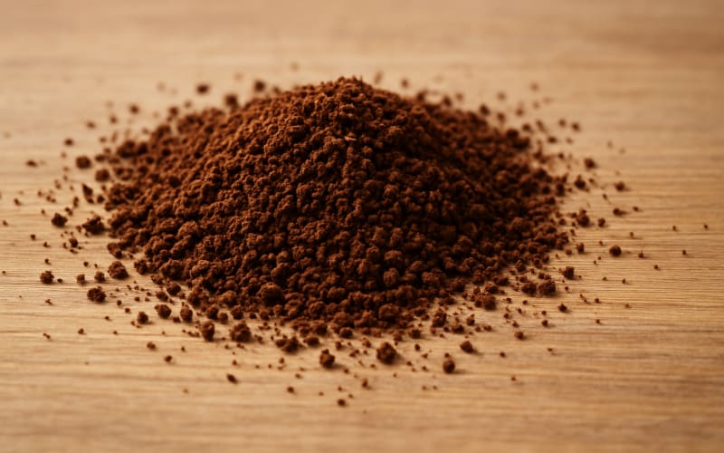 A close-up shot of ground coffee of various sizes on a wooden table.