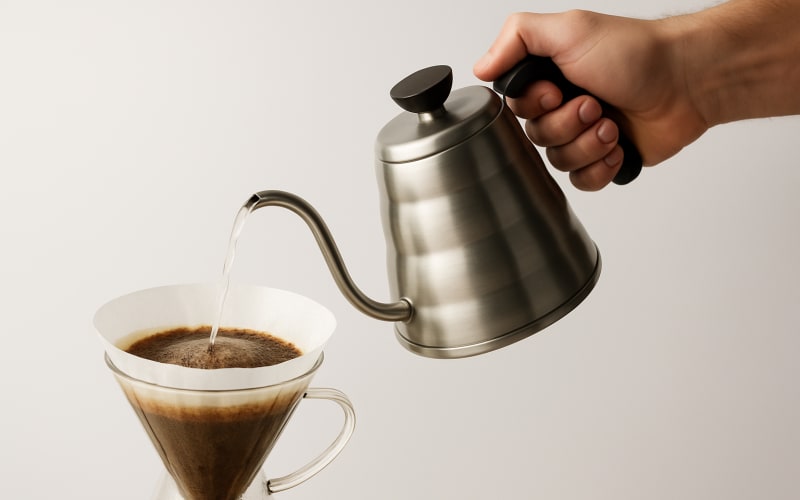 A hand pouring hot water from a gooseneck kettle over coffee grounds in a filter.