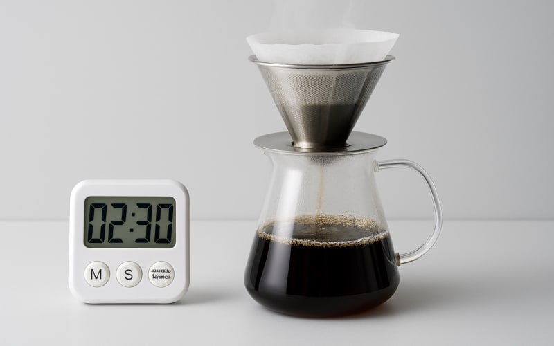 A timer next to a steaming pour-over coffee setup, indicating the importance of timing in the brewing process.