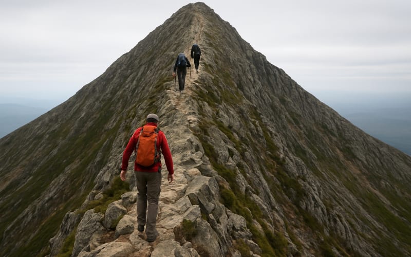 A treacherous, narrow ridgeline on Mount Katahdin with hikers carefully traversing it.