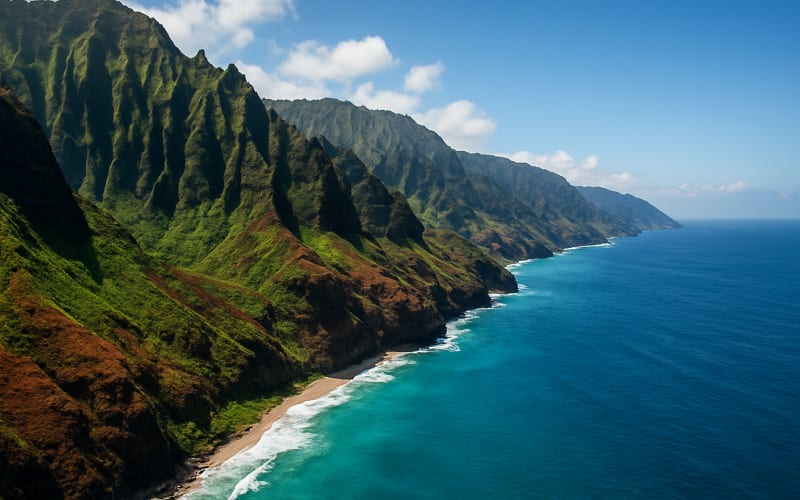 A stunning view of the rugged cliffs and vibrant coastline along the Kalalau Trail in Hawaii.