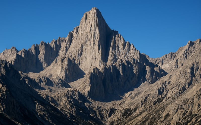 A breathtaking view of Mount Whitney's rugged terrain and its towering peak under a clear blue sky.