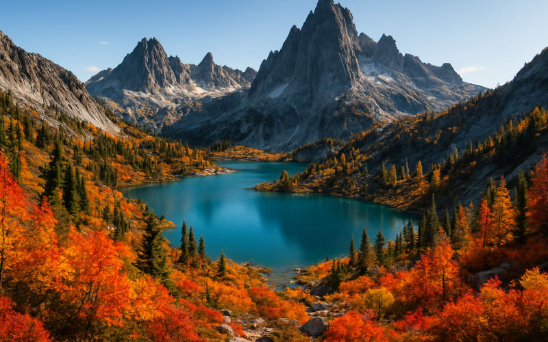 A breathtaking view of Enchantment Lakes with jagged peaks, alpine lakes, and fall foliage.