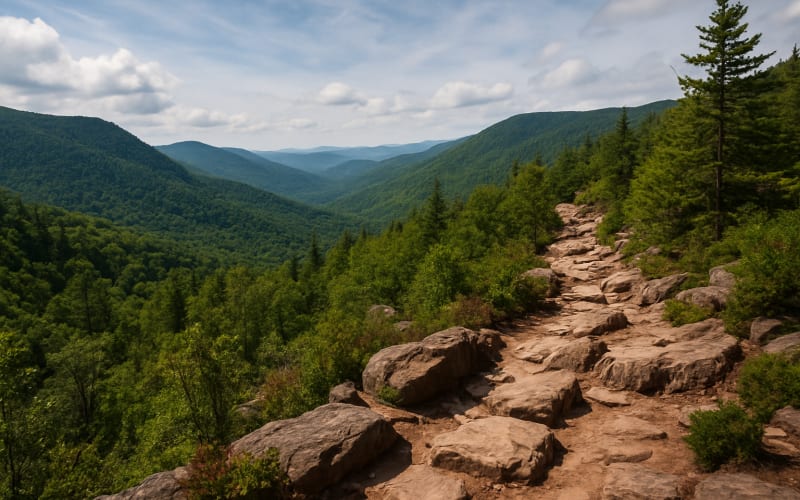 A panoramic view of the rugged landscape of Devil's Path with dense forests and steep rocky trails in the Catskill Mountains.