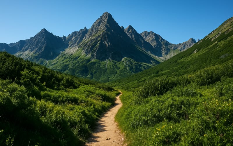 A rugged mountain range with peaks and a narrow trail path surrounded by lush greenery under a clear blue sky.