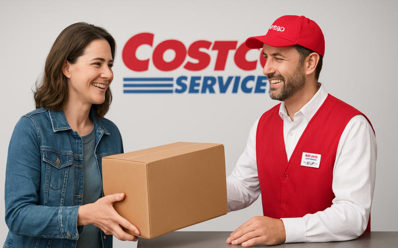 A happy customer returning an item at a Costco service counter.