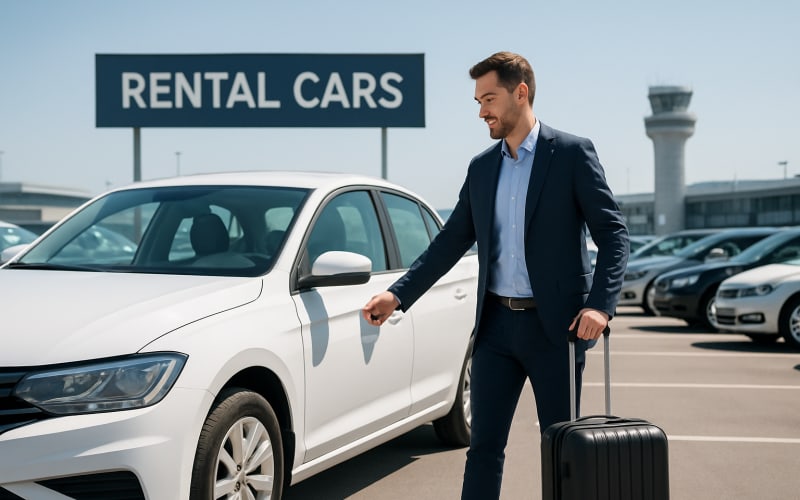 A man picking up a rental car from a rental lot at an airport.