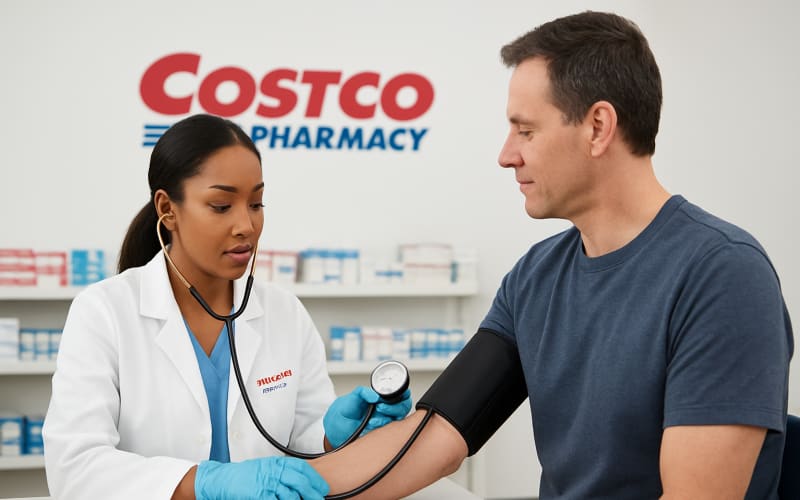 Image of a healthcare professional conducting a blood pressure check at a Costco pharmacy.