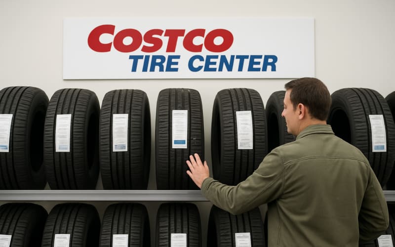 A person selecting tires at a Costco tire center with various tire options on display.