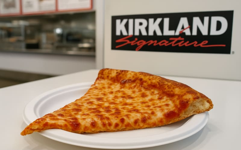 A large slice of Kirkland Signature pizza on a white plate at a Costco food court.