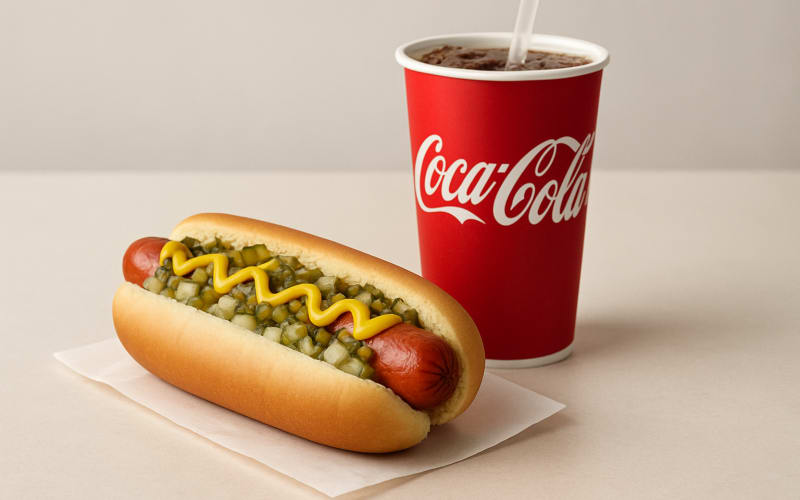A juicy Costco hot dog served with a refreshing soda on a table.