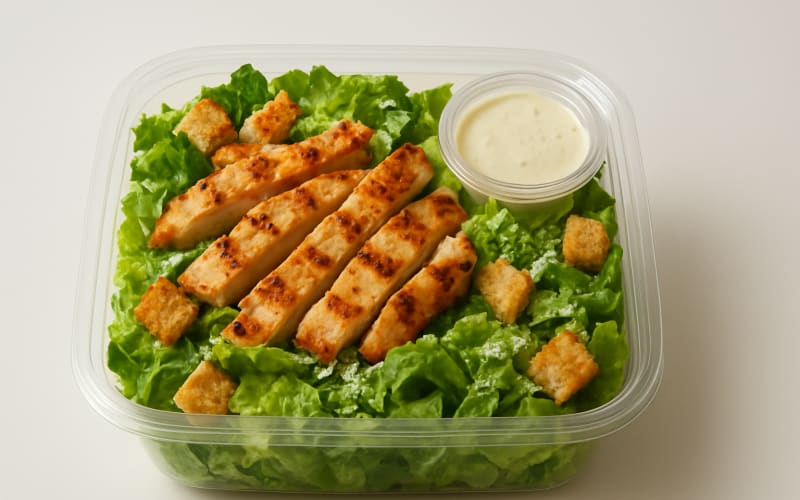 A plastic container filled with a fresh Caesar salad, complete with grilled chicken strips and a small container of dressing.