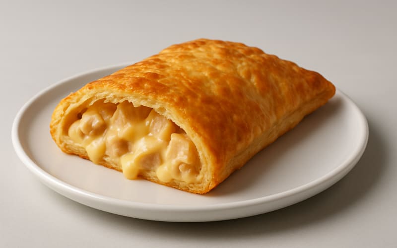 A golden-brown chicken bake filled with cheese and chunks of chicken on a plate.