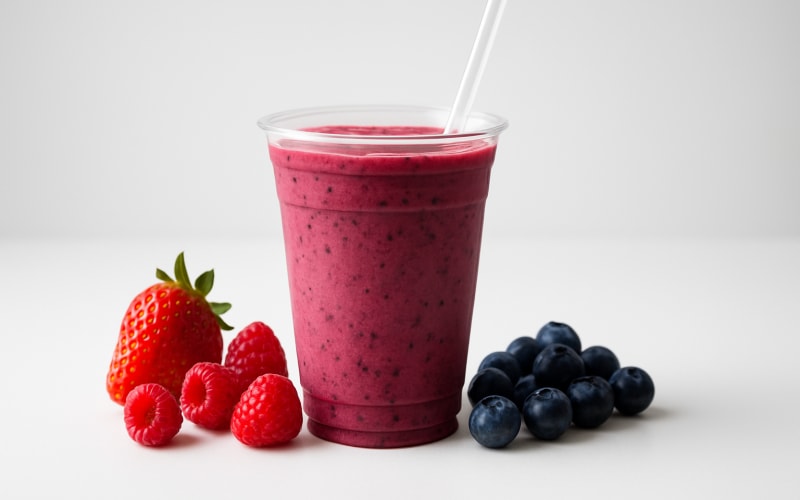 A vibrant berry smoothie in a clear cup with a straw, surrounded by fresh berries.
