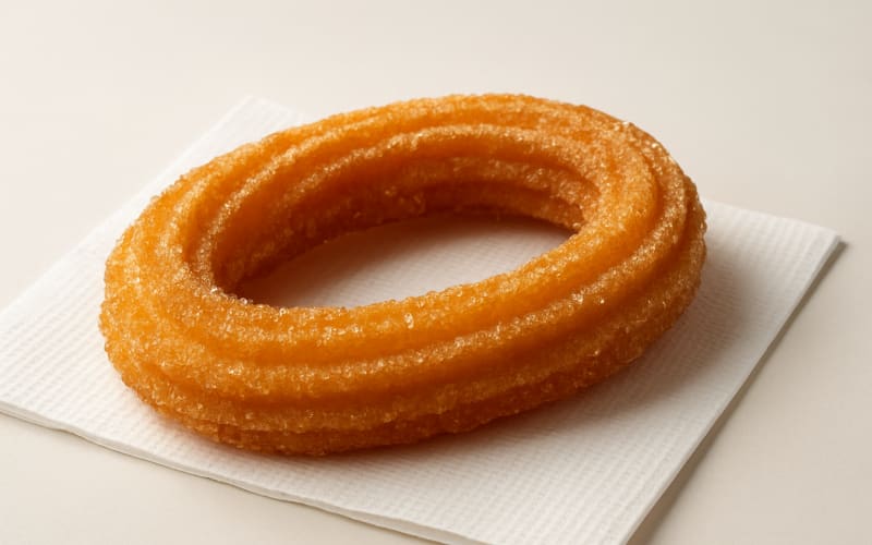 A freshly baked churro with a golden-brown crust and sugar coating on a napkin.