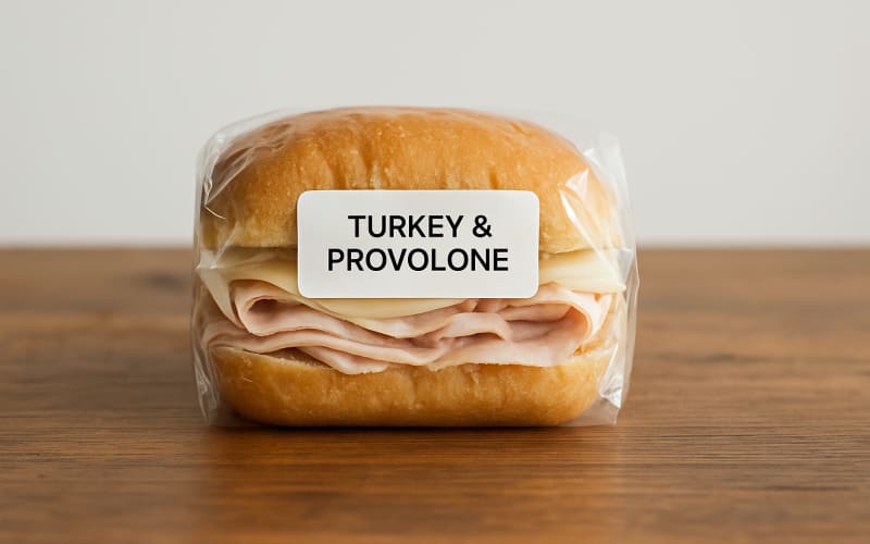 A delicious turkey and provolone sandwich wrapped in clear packaging, placed on a wooden table.
