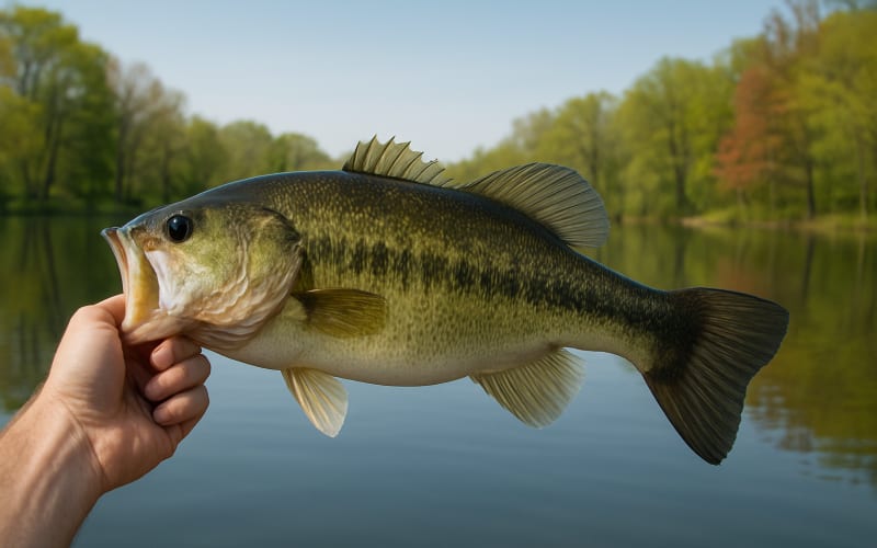 A largemouth bass being held over a serene lake with spring foliage in the background.