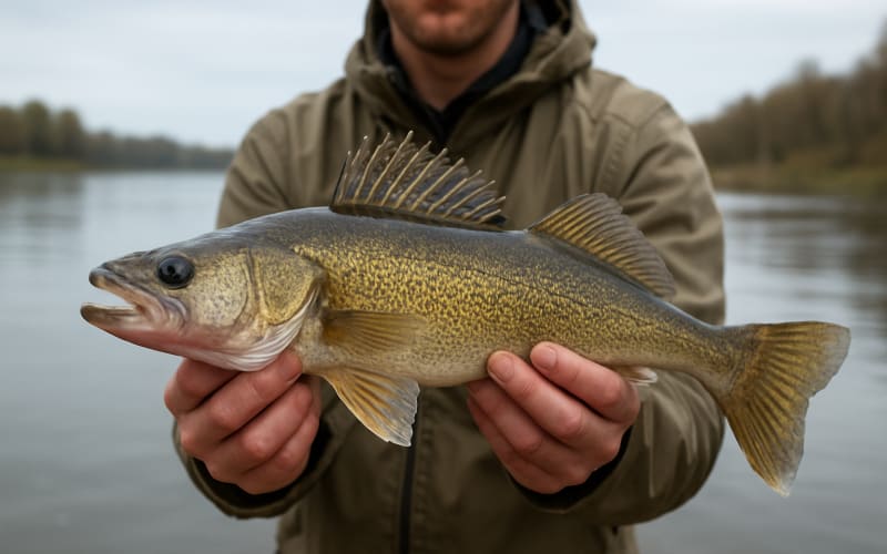 Walleye fish being held by an angler by the riverside