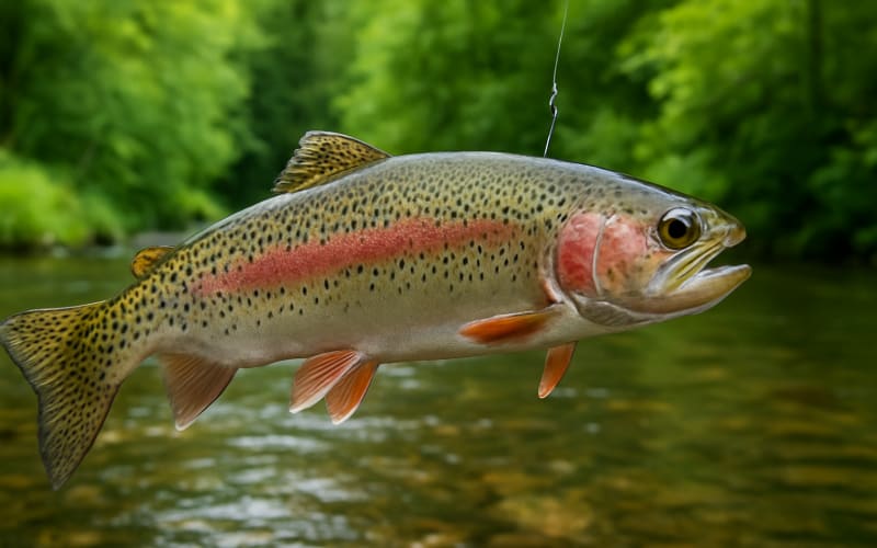 A vibrant rainbow trout freshly caught in a clear stream with lush greenery in the background.