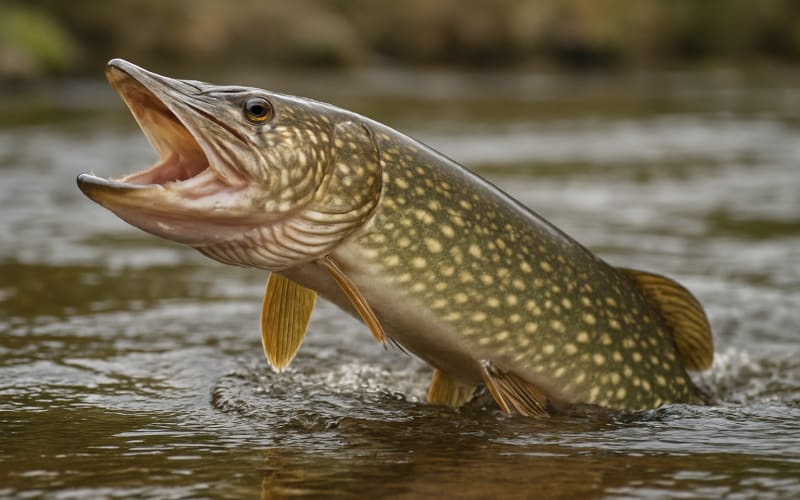 A Northern Pike emerging from a freshwater stream, showcasing its long, slender body and sharp teeth.