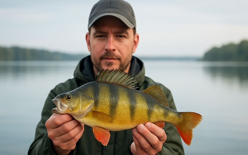 A fisherman holding a freshly caught yellow perch against a backdrop of a calm lake.