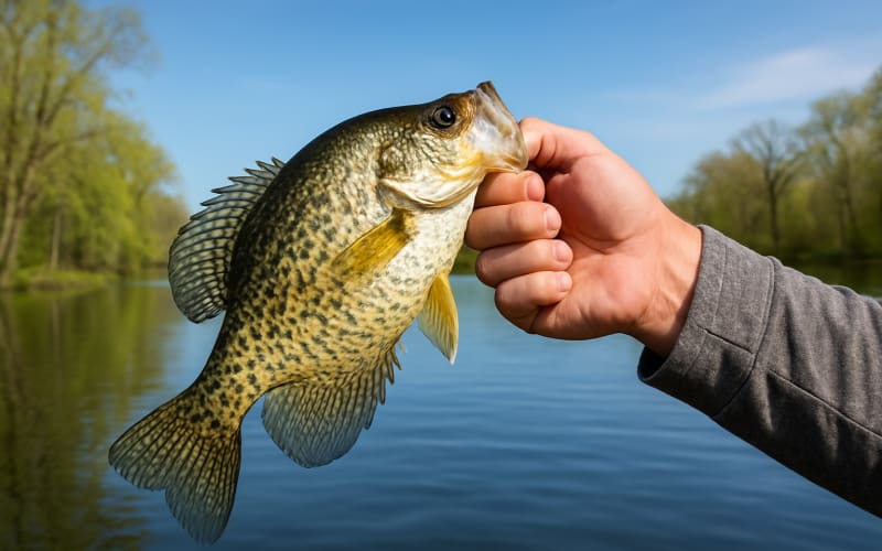 A crappie fish being held by an angler in a scenic spring lake setting.