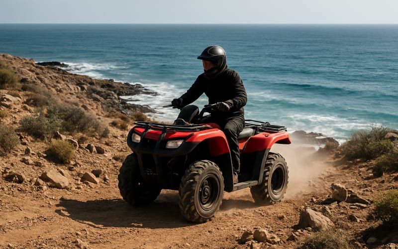 An ATV riding along the rugged coastline of Baja California with the ocean in the background.