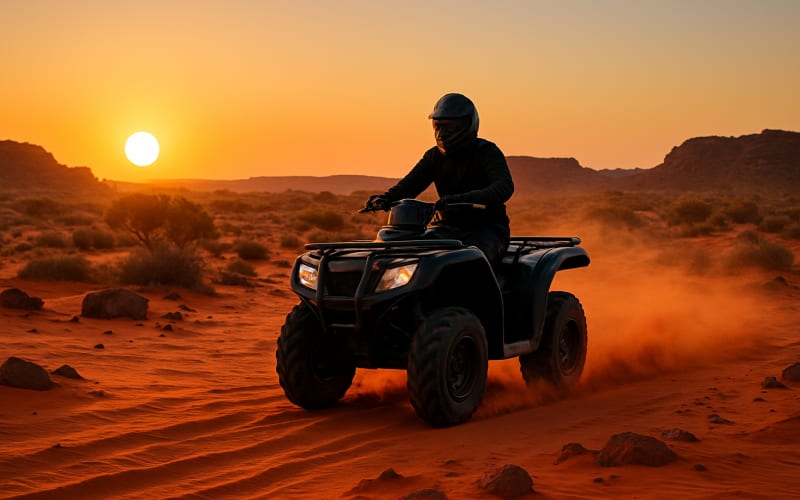 A rugged ATV navigating through the expansive red sands and rocky terrain of Australia's Outback with a setting sun.
