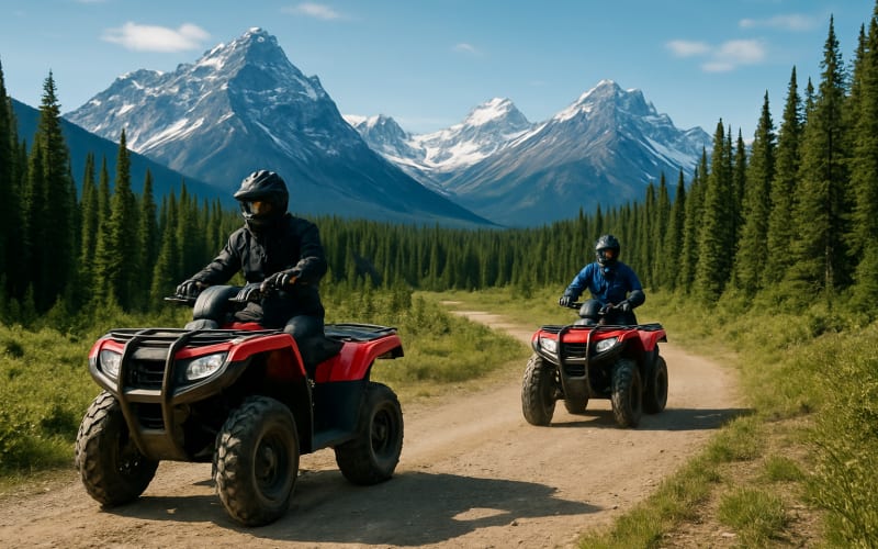 ATV riders navigating a scenic trail with snow-capped peaks and lush evergreen forests in the Canadian Rockies.