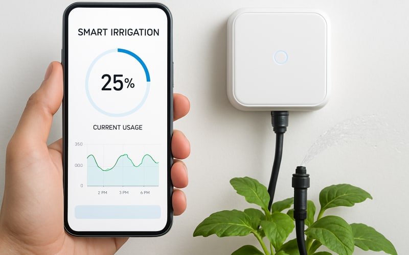 A smart irrigation system with a smartphone app interface showing real-time water usage