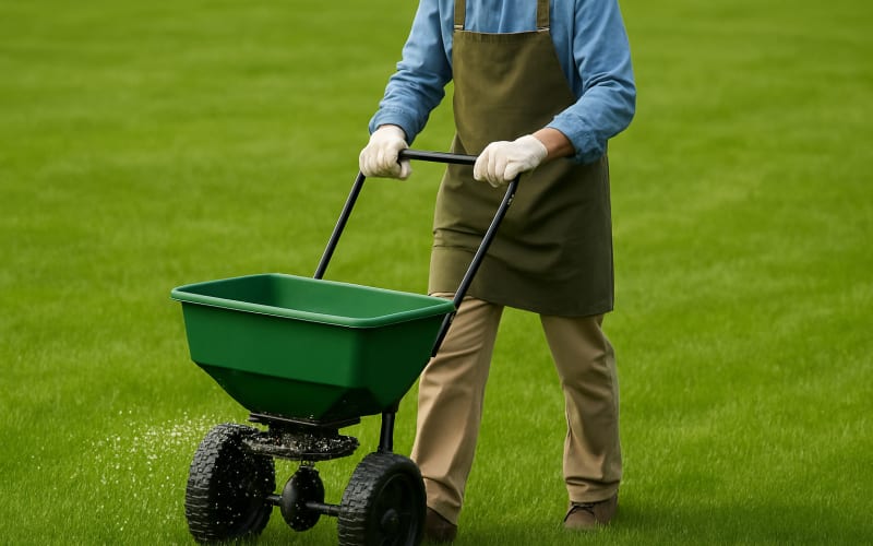 A gardener spreading granular fertilizer on a lush green lawn with a spreader.