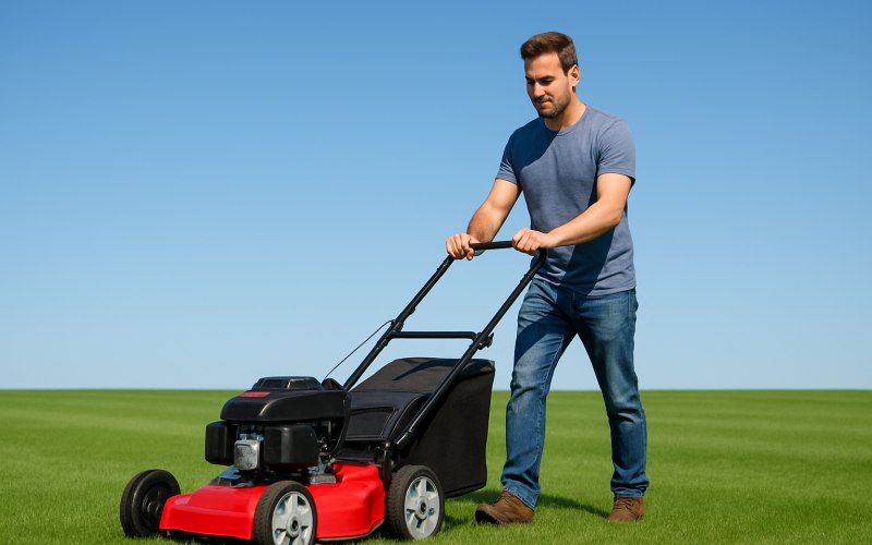 A man using a push lawn mower on a well-manicured lawn under a clear blue sky.
