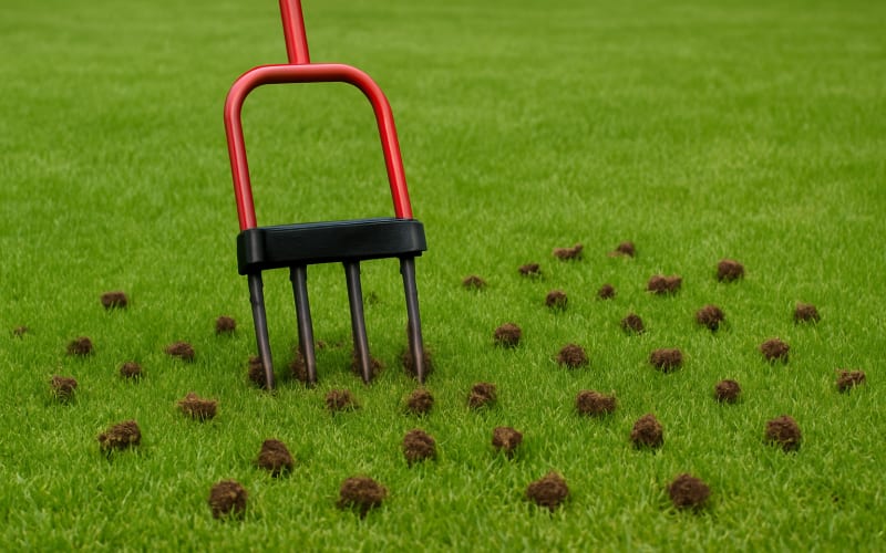 A lawn being aerated by a manual aeration tool, with visible soil plugs on the grass surface.