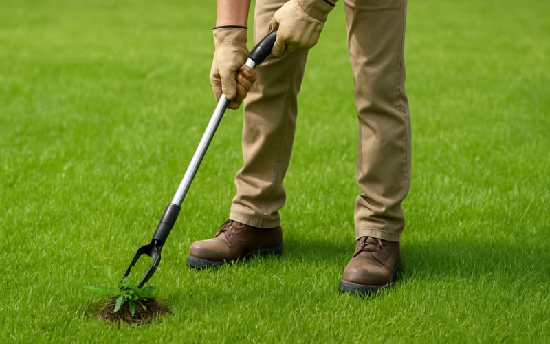 A gardener using a weed puller tool to remove weeds from a lush green lawn.
