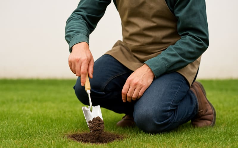 A gardener kneeling on a lawn, taking a soil sample using a small spade.