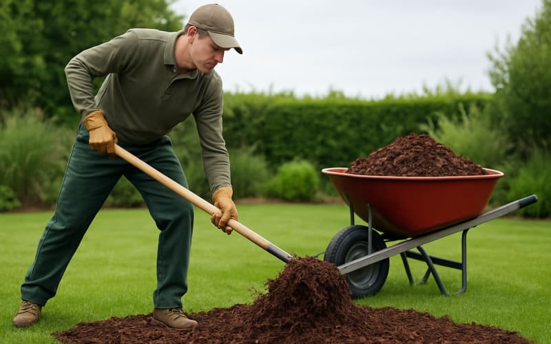 A gardener spreading mulch over a lawn with a wheelbarrow in the background.