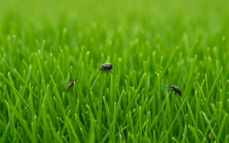 A close-up image of a lawn with a few visible insects crawling on the grass blades.
