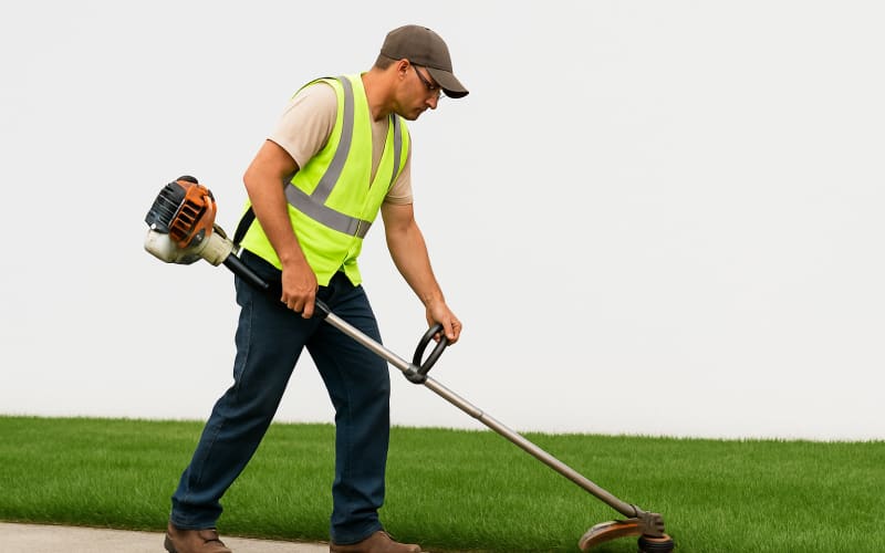 A man using an edger tool along the border of a neatly cut lawn.