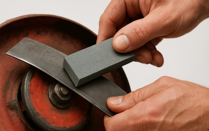 A close-up of a sharpening stone being used on the blade of a lawn mower.