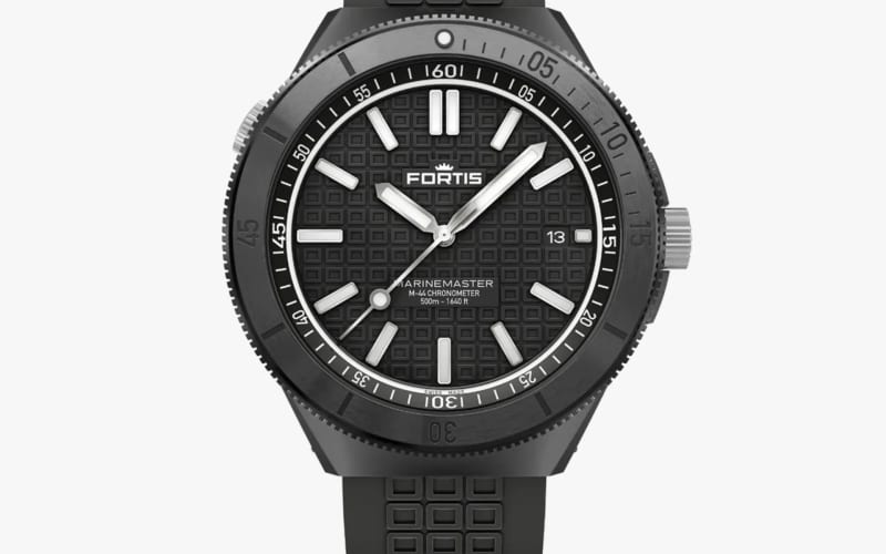 Black Fortis Marinemaster M-44 chronometer watch with textured dial and rubber strap.