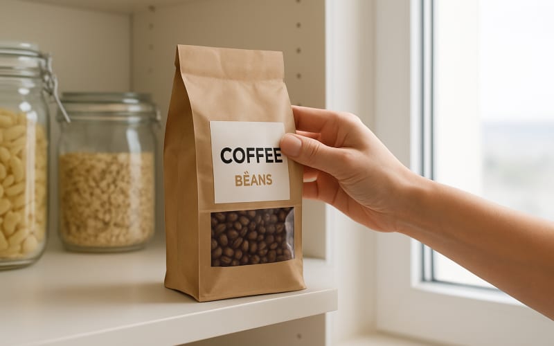 A hand reaching into a pantry to grab a bag of coffee beans next to a window with bright daylight.