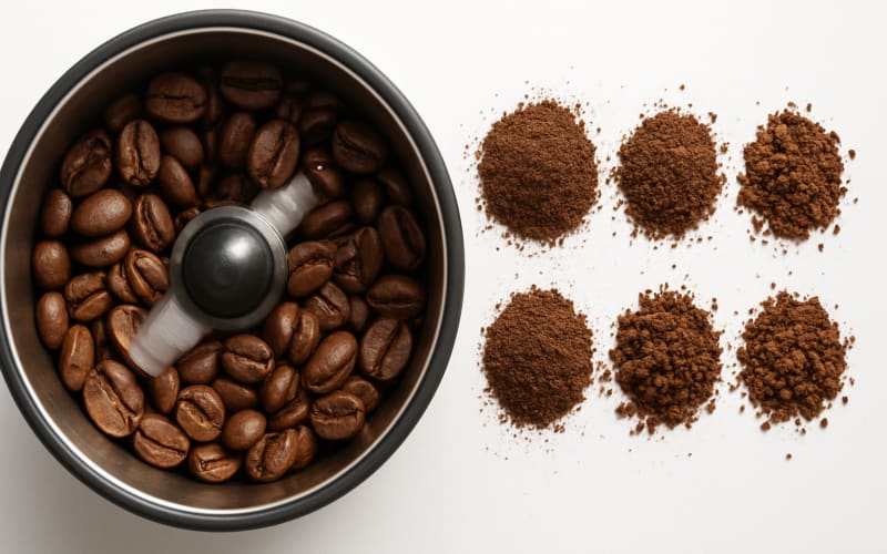 Close-up of coffee beans being ground in a grinder with various grind sizes displayed.