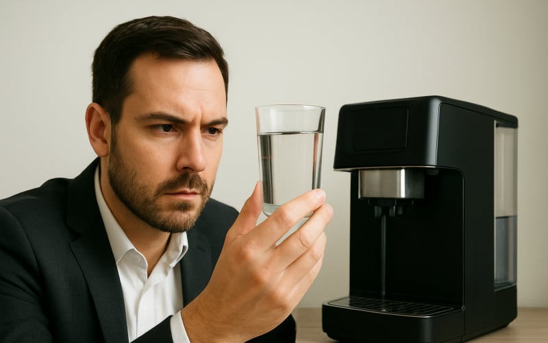 A close-up of a man inspecting a glass of water next to a coffee machine.