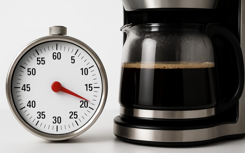 A close-up of a timer next to a brewing coffee pot, indicating precise brewing time.